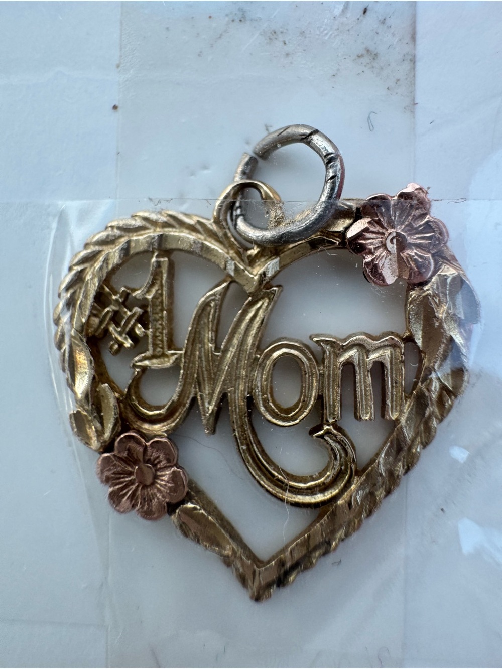 14k stamped acid tested #1 Mom Heart Pendant with Floral Accents - Two-Tone